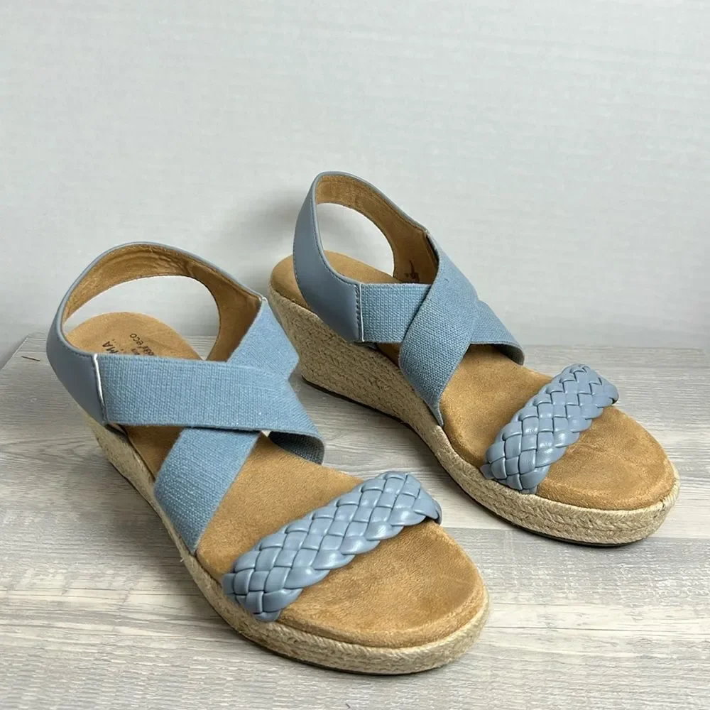 Sonoma Ortholite platform  wedge Espadrille sandals blue EUC size 8.5